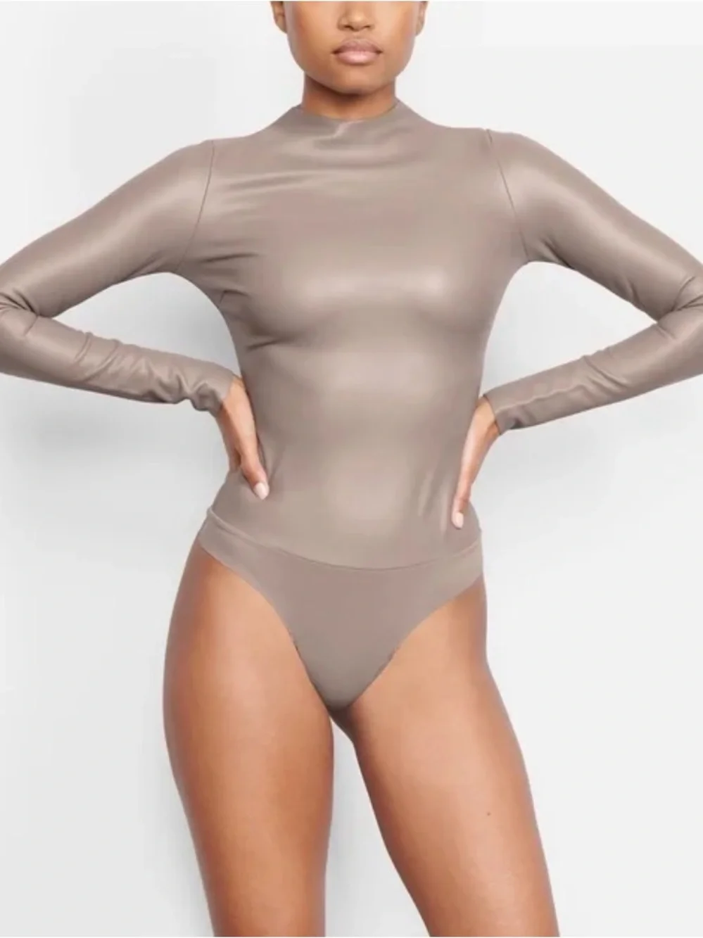 SKIMS Faux Leather Long-Sleeve Cement Women’s Thong Bodysuit